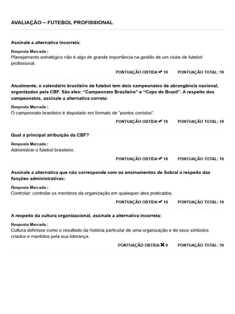 Avaliação sobre Futebol Profissional | PDF | Liderança | Futebol