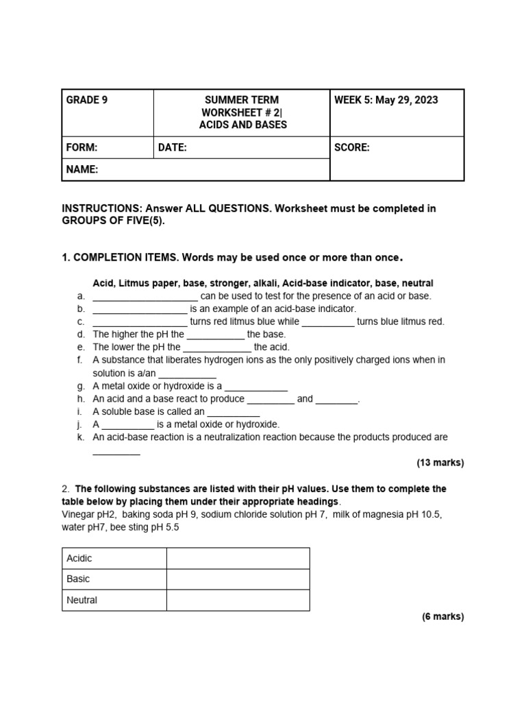 Grade 9 Acids and Bases Worksheet | PDF | Acid | Ph