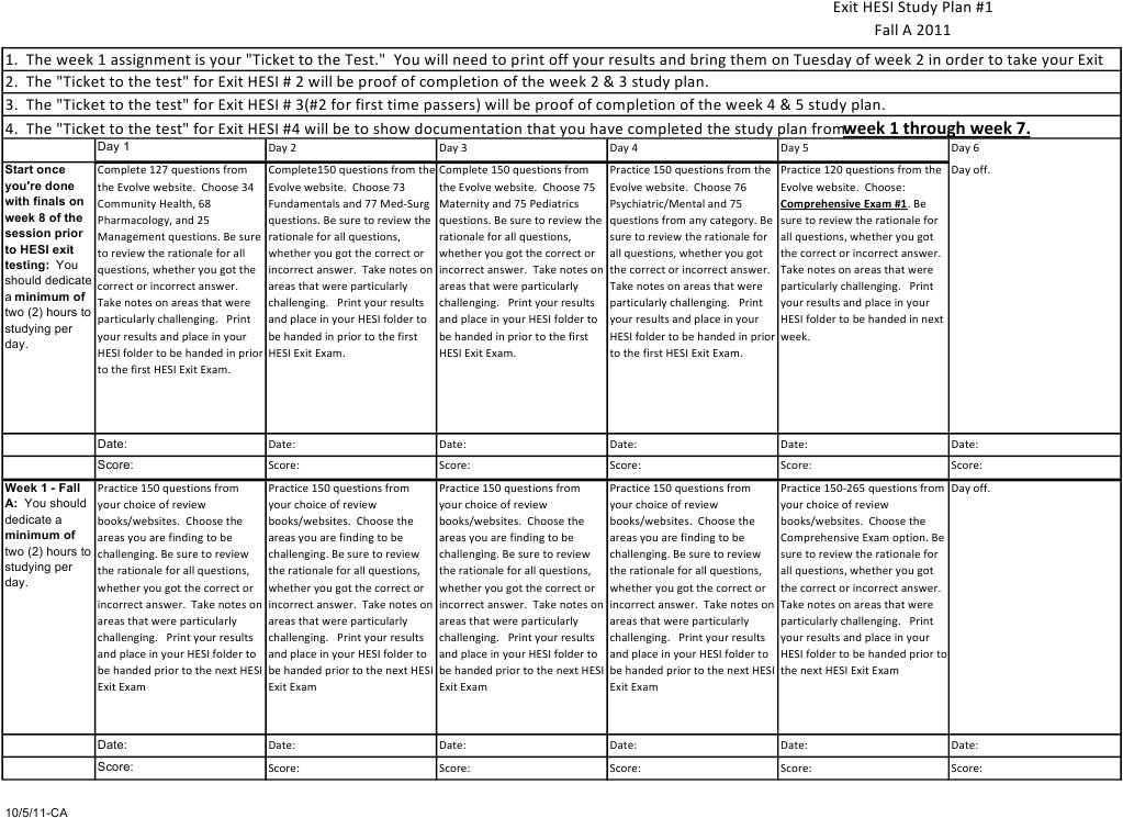 Copy of Exit Hesi Study Plan 1 10 5 11