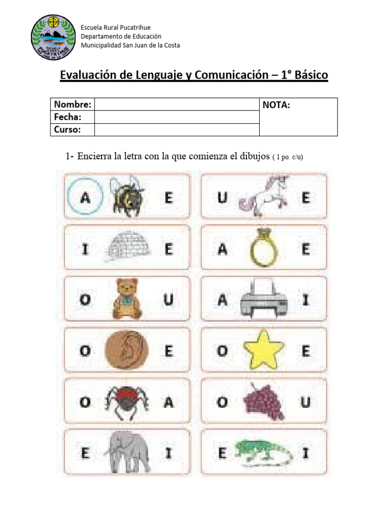 Evaluación de Lenguaje 1° Básico | PDF | Artes del Lenguaje y ...