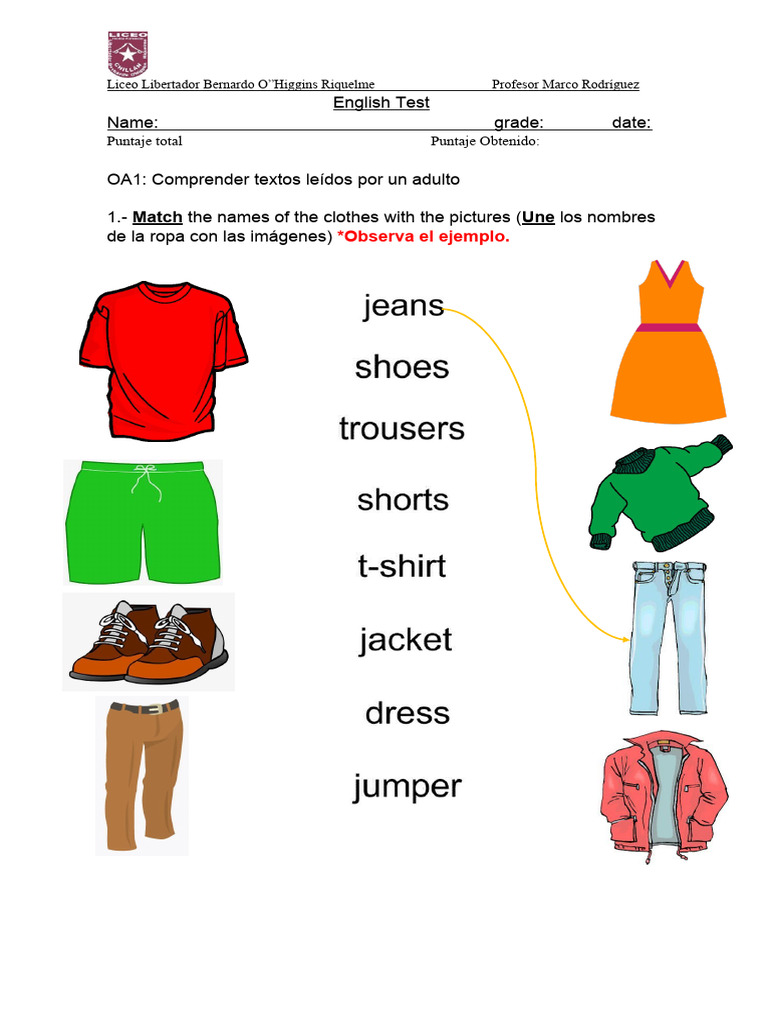 Test de Inglés: Ropa y Vocabulario | PDF | Artes del Lenguaje y ...