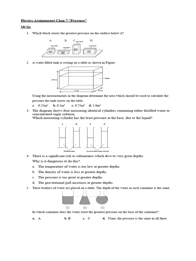 Assignment Chap 7 Pressure | PDF | Pressure | Force