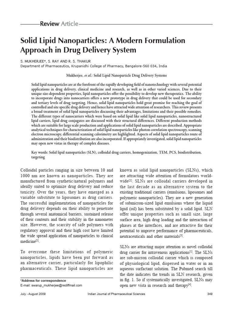 Solid Lipid Nanoparticles in Drug Delivery | PDF | Nanoparticle | Emulsion