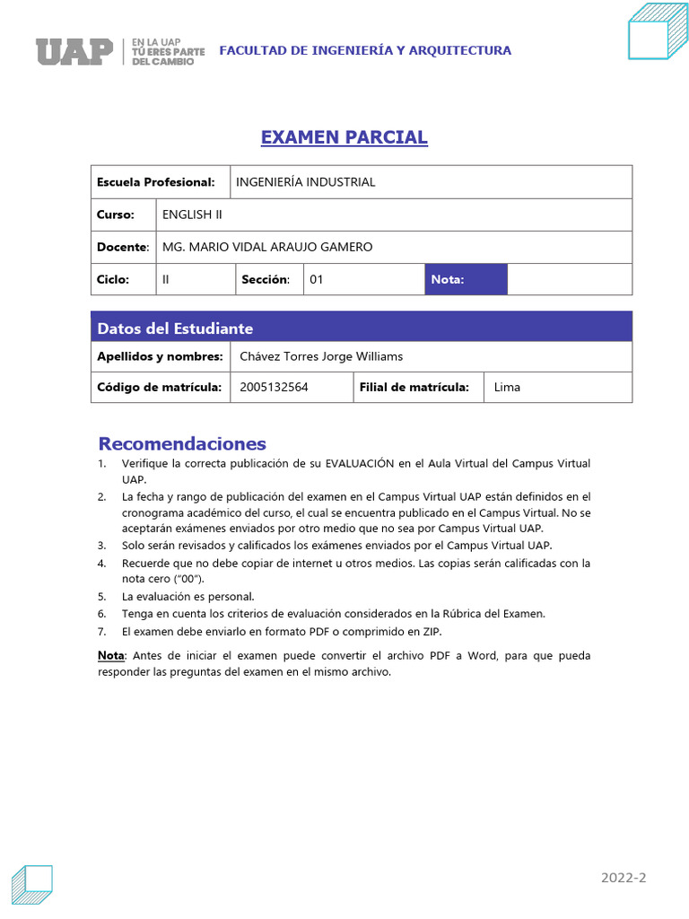Examen Parcial de Inglés II 2022-2 | PDF