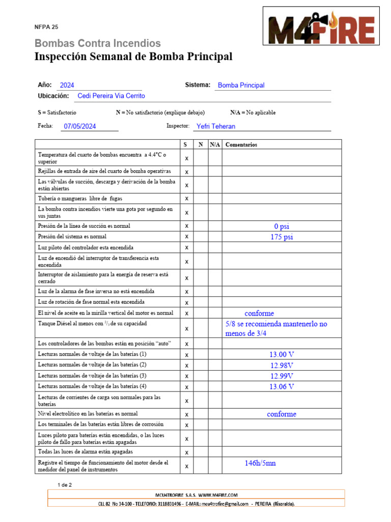 Inspección Semanal de Bomba Principal | PDF | Bomba | Bienes manufacturados