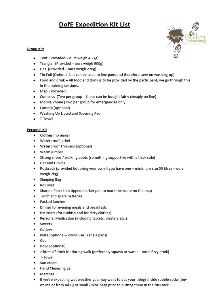 A Kit List - Expeditions - Our Kit Provided | PDF