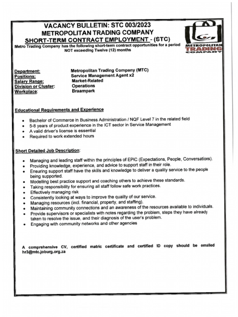 MTC Vacancy Bulletin | PDF