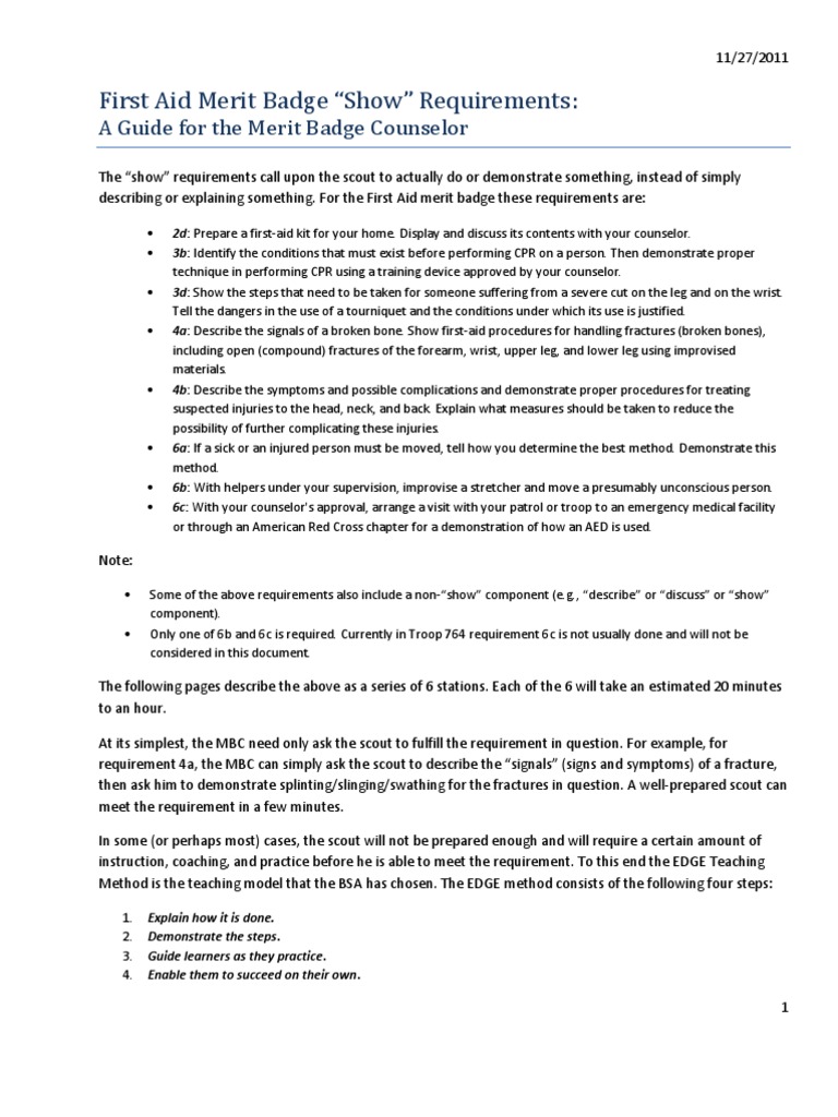 "Show" Requirements Guide For First Aid Merit Badge Counselors PDF