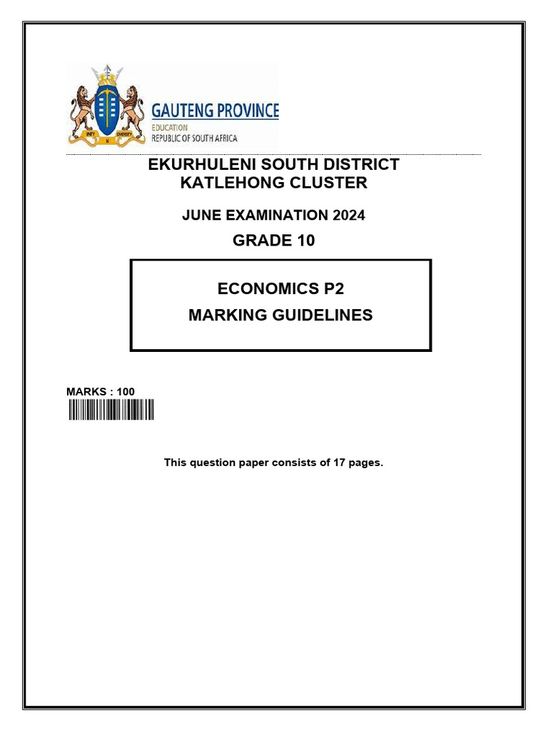 Grade 10 economics p2 marking guidelines june examination 2024 pdf