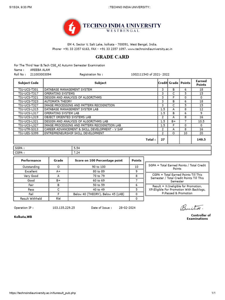TIU B.Tech CSE Grade Card Summary | PDF | Applied Mathematics ...