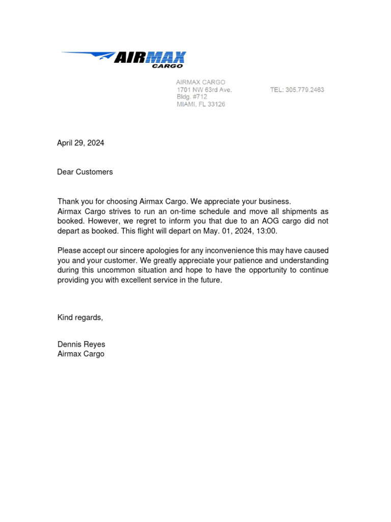 Airmax Cargo Flight Delay Notice | PDF | Business