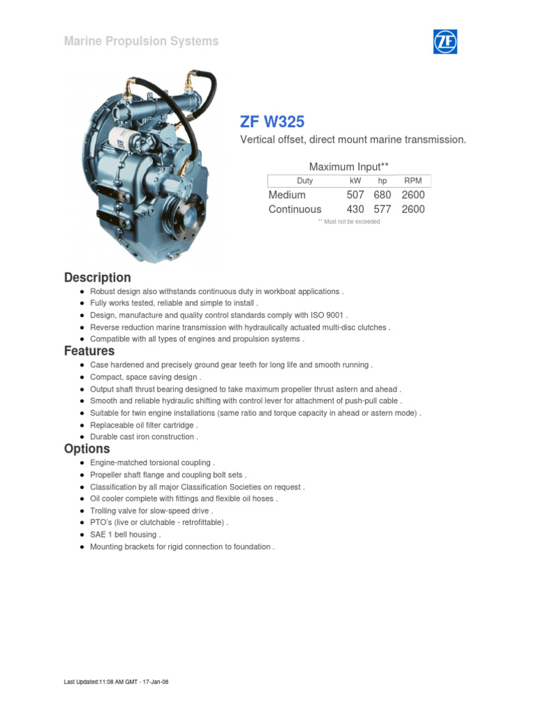 ZF W325 Marine Transmission Overview | PDF | Horsepower | Transmission ...