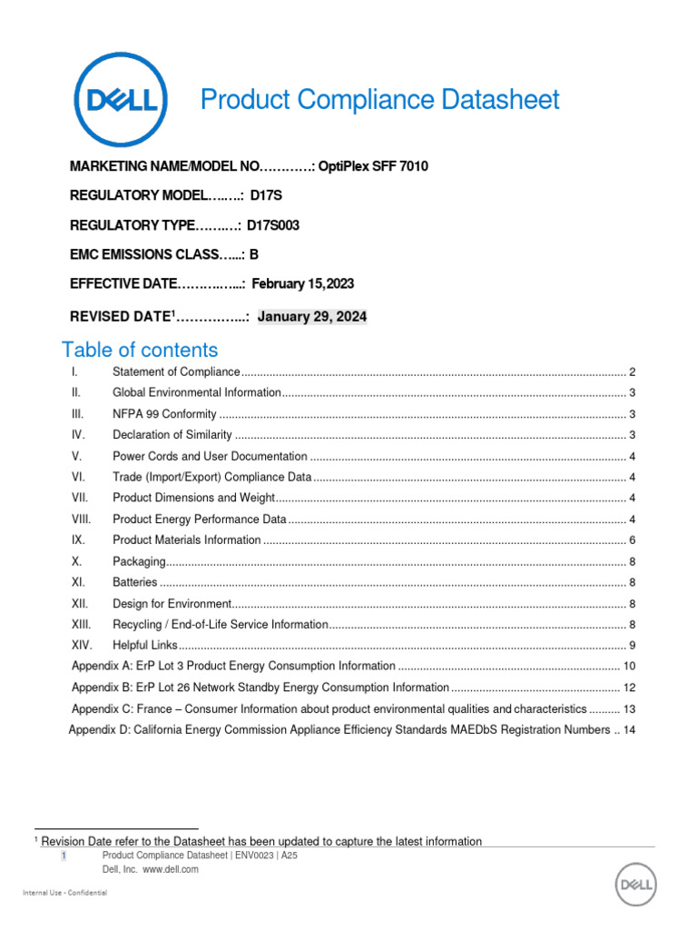 Dell Optiplex SFF 7010 d17s d17s003 Dell Regulatory and Environmental ...