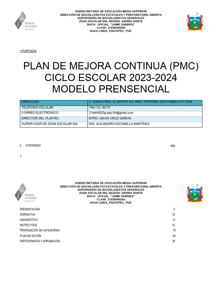 Portada Plan de Mejora Continua PMC | PDF | Maestros | Educación Secundaria