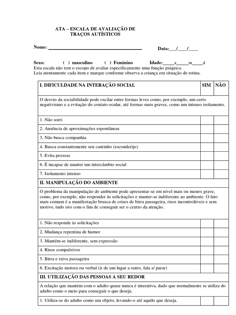 Avaliação de Traços Autísticos em Crianças | PDF | Aprendizado | Dormir