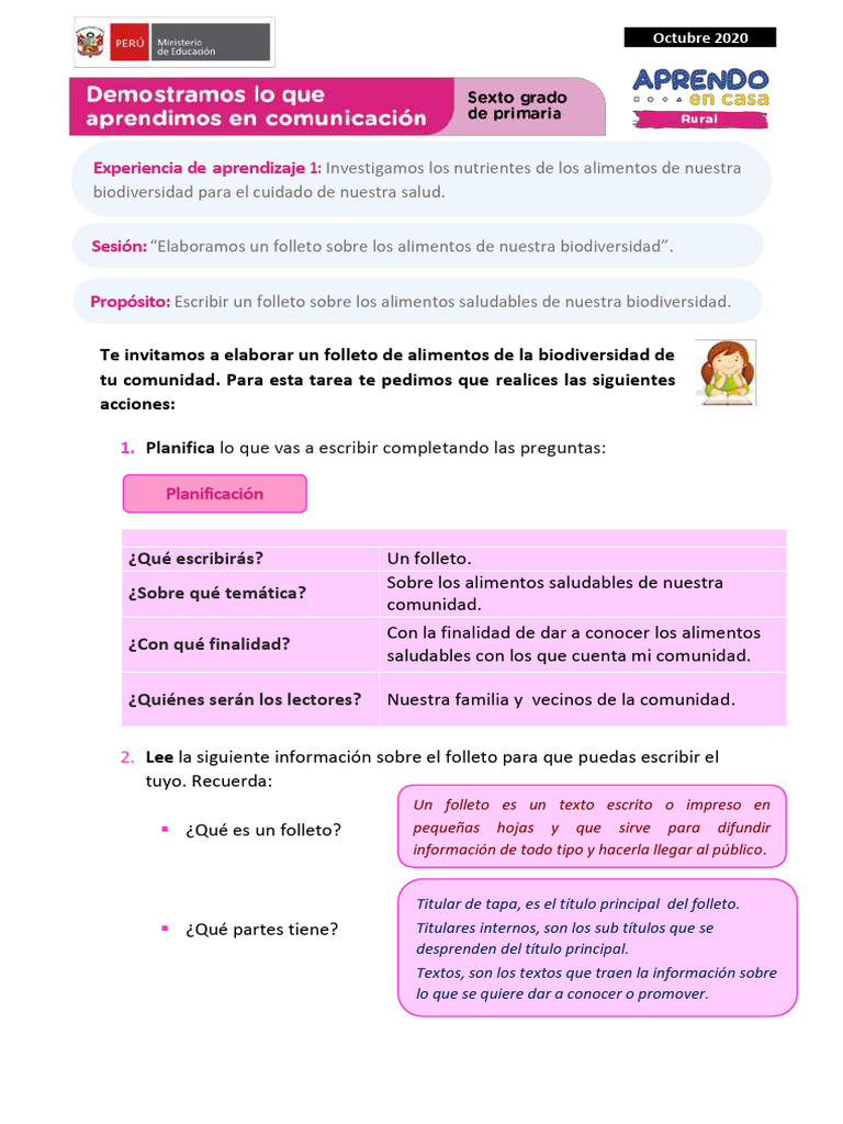 Ficha 2 Sesión 2 Exp 1 Comunicación Sexto Grado - Octubre 2020 | PDF