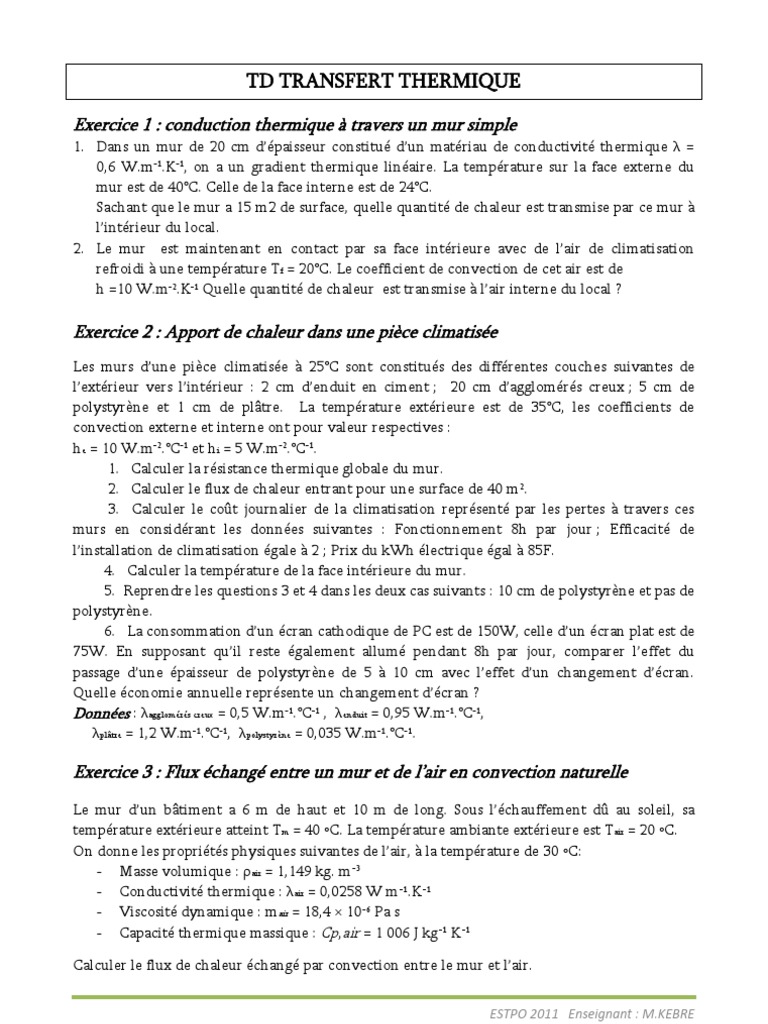 Transfert Thermique Cours Et Exercices Corrigés Pdf TD Transfert Thermique | PDF