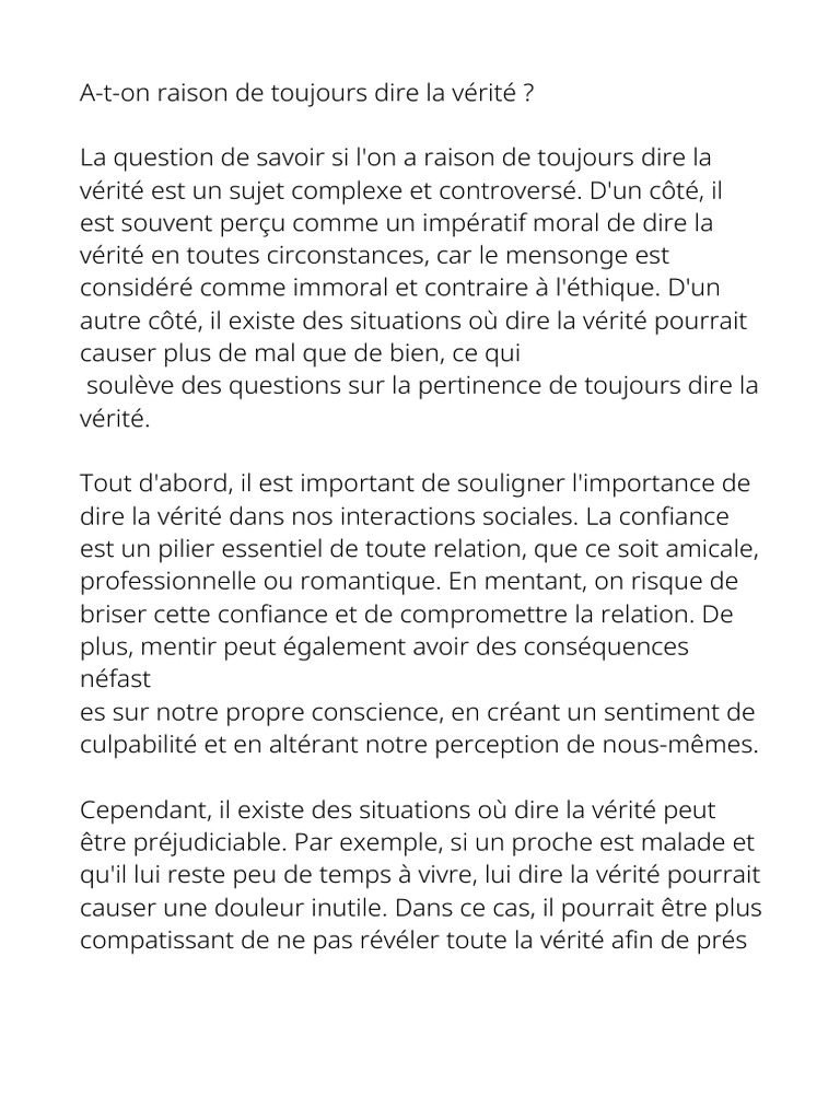 Dire la vérité : enjeux et limites | PDF | Vérité | La compassion