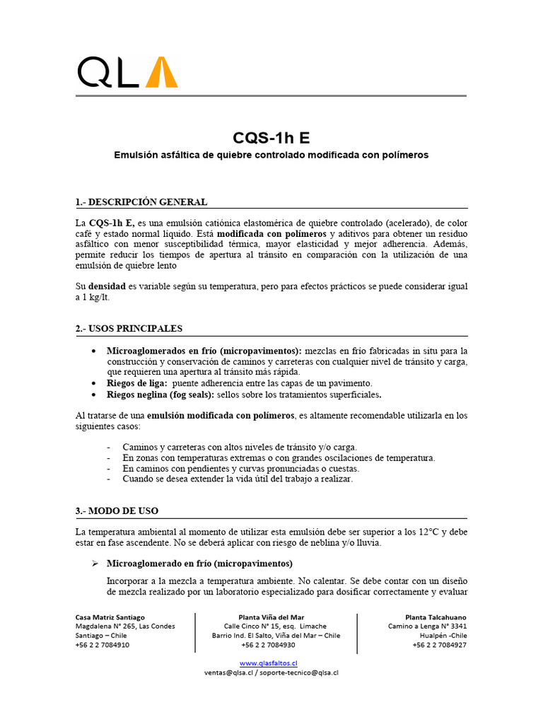 Emulsión Asfáltica CQS-1h E: Usos y Guía | PDF | Materiales
