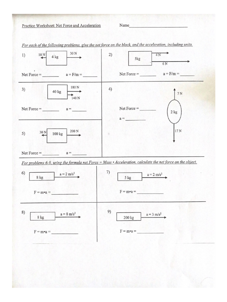 Practice Worksheet Net Force and Acceleration PDF