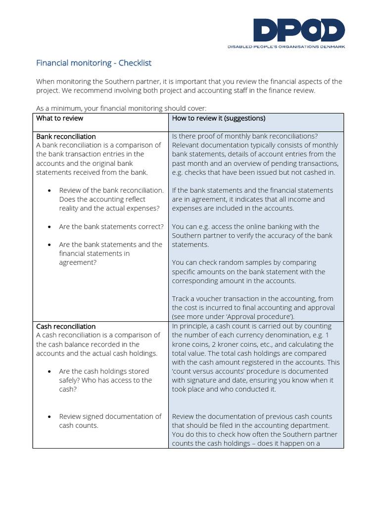 Financial Monitoring Checklist | PDF | Cash | Bookkeeping