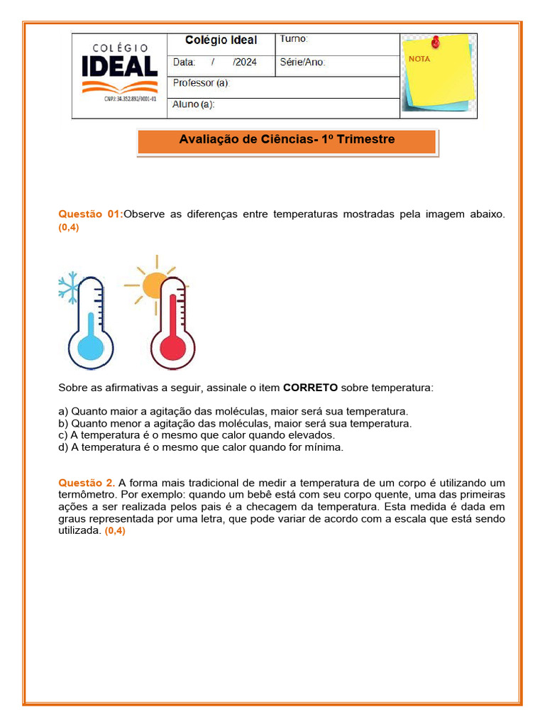 Atividades sobre Calor e Temperatura 7º Ano | PDF | Calor | Temperatura