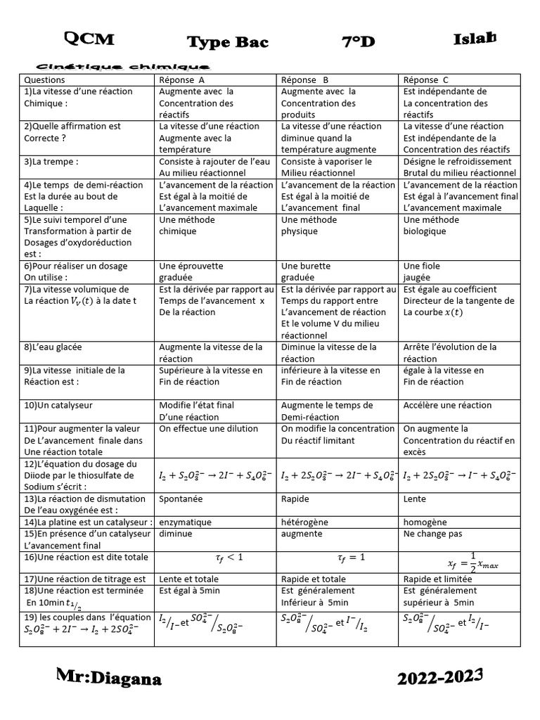 QCM sur la Cinétique Chimique | PDF | Catalyse | Réactions chimiques