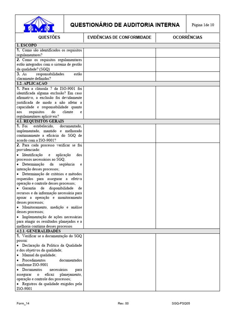 Form_14 Questionário de Auditoria Interna OK | PDF | ISO 9000 ...
