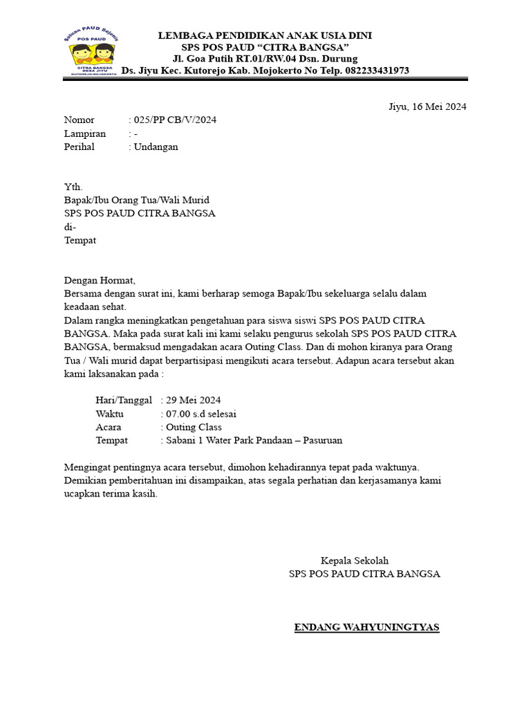 Surat Undangan Outingclass | PDF