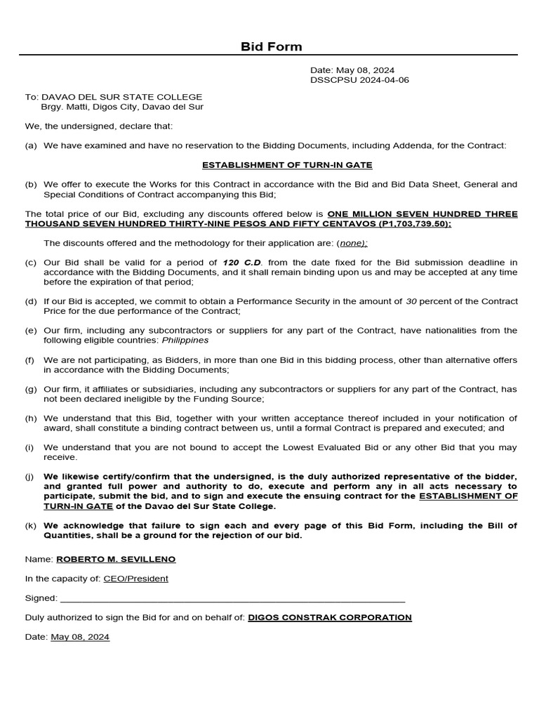 Bid Form Pdf