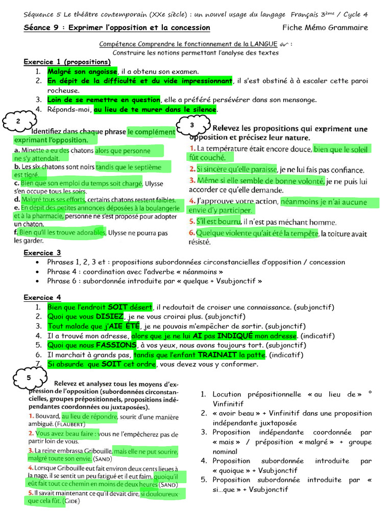 Opposition et concession : exercices FLE | PDF | Clause | Phrase