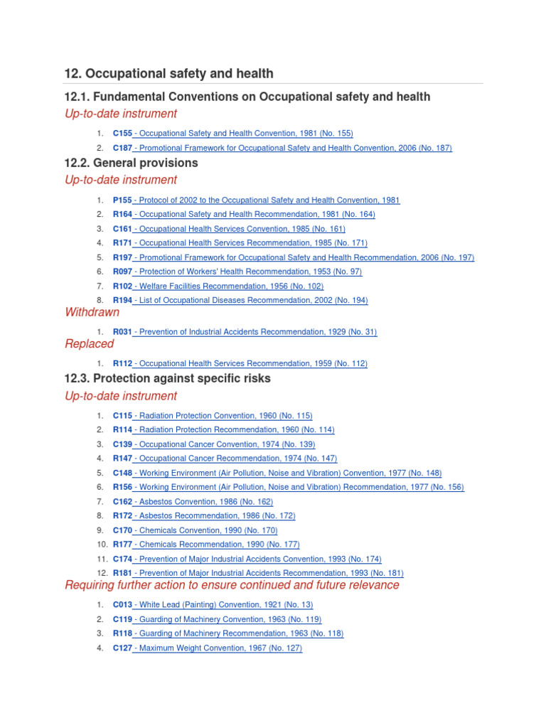 List Of Ilo Convention And Recommendation Pdf Occupational Safety