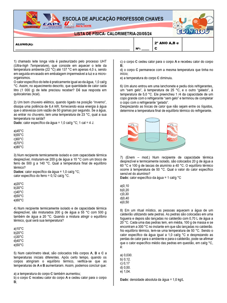 Exercícios de Calorimetria e Termodinâmica | PDF | Calor | Temperatura