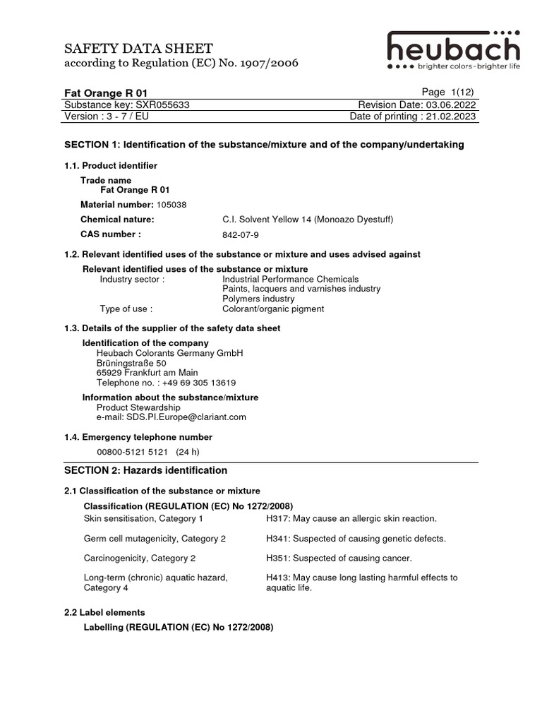 Heubach sds fat orange r 01 european community english pdf toxicity