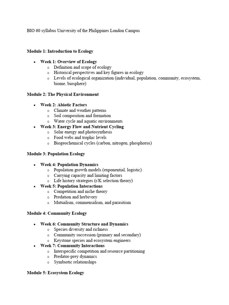 UP London Campus BIO 60 Ecology Syllabus | PDF | Ecology | Ecosystem