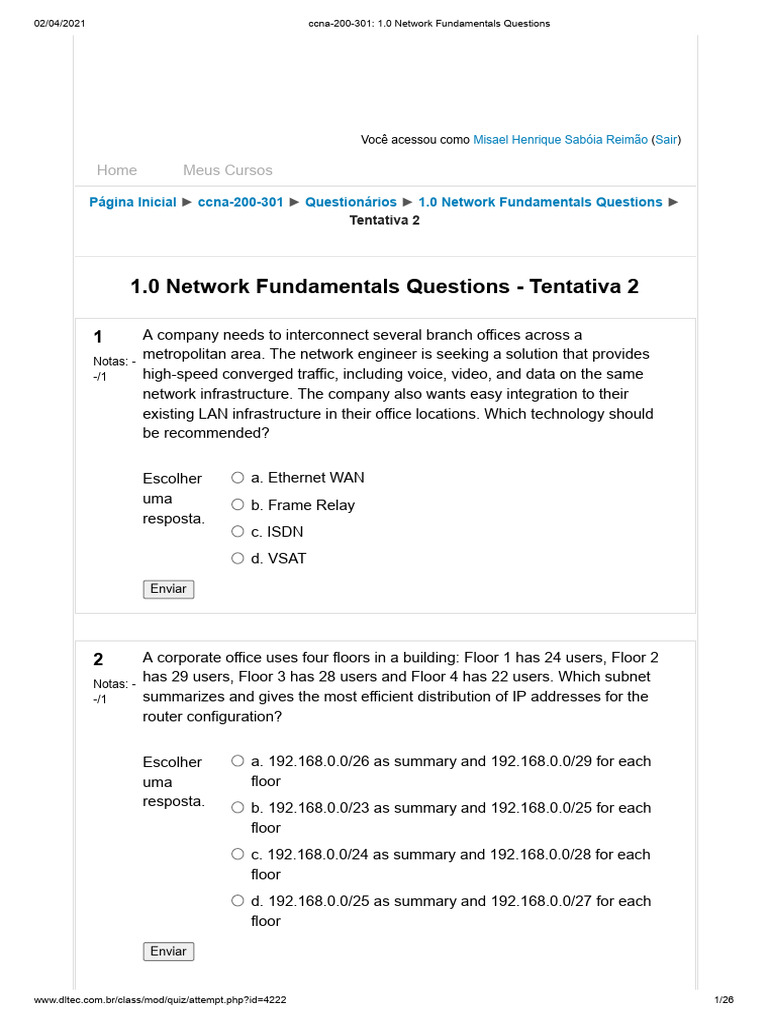 Ccna200301 1.0 Network Fundamentals Questions PDF Transmission