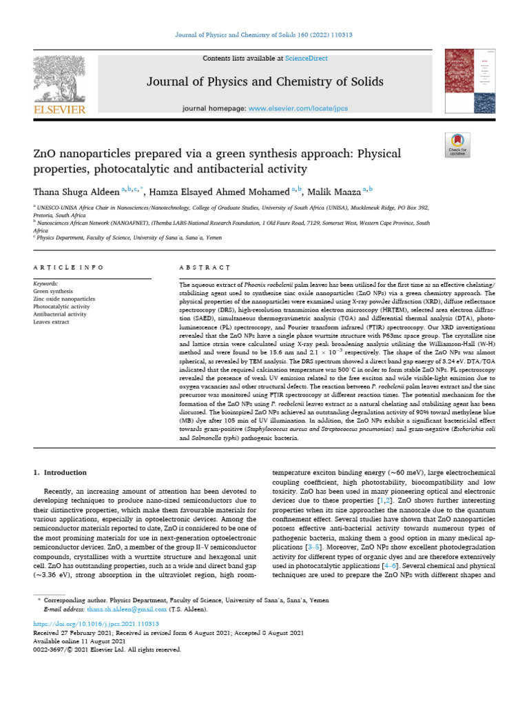 ZnO Nanoparticles Prepared Via A Green Synthesis Approach Physical ...