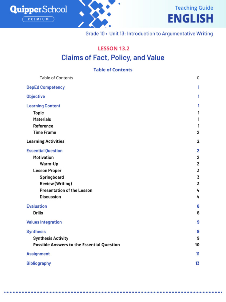 ME Eng 10 Q2 1302 - TG - Claims of Fact, Policy, and Value | PDF ...