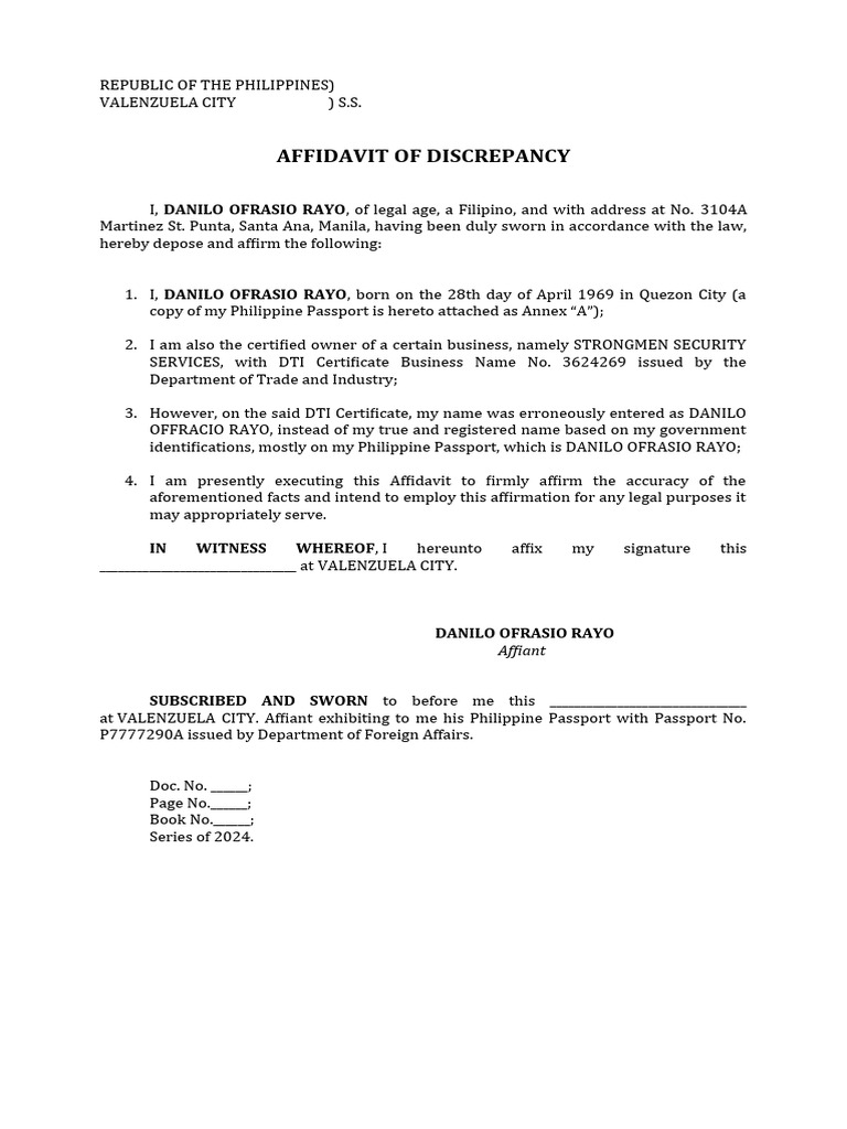 Affidavit of Discrepancy Danilo Ofrasio Rayo | PDF