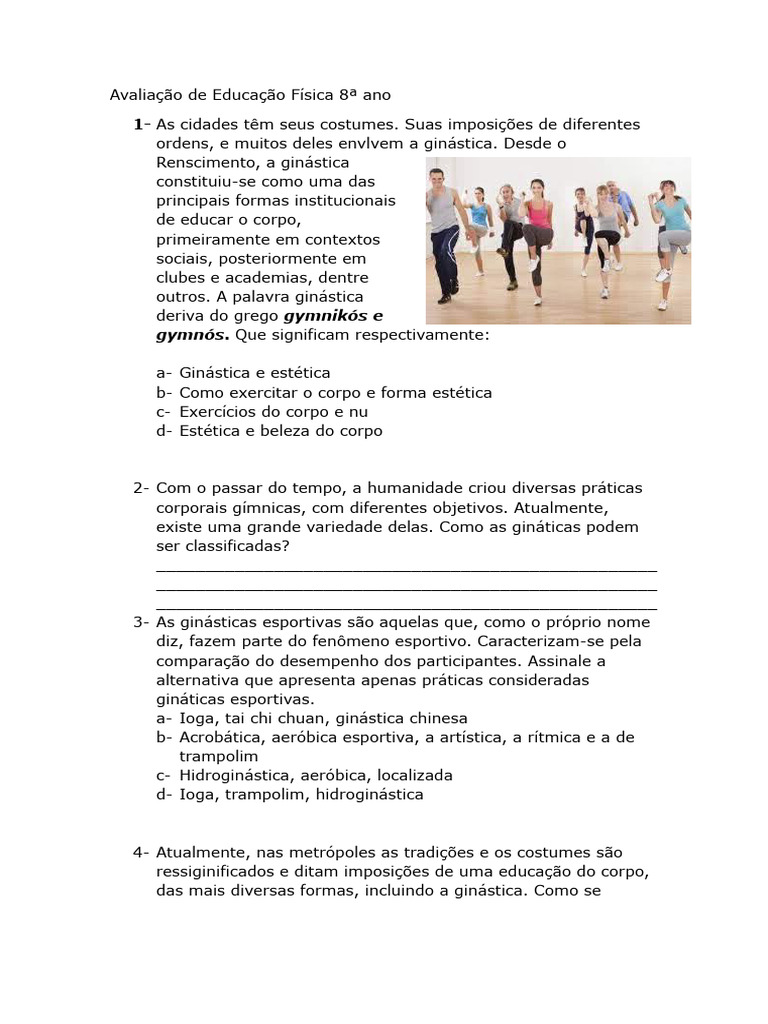 Avaliação de Educação Física 8 Ano | PDF | Ginástica | Treinamento de força
