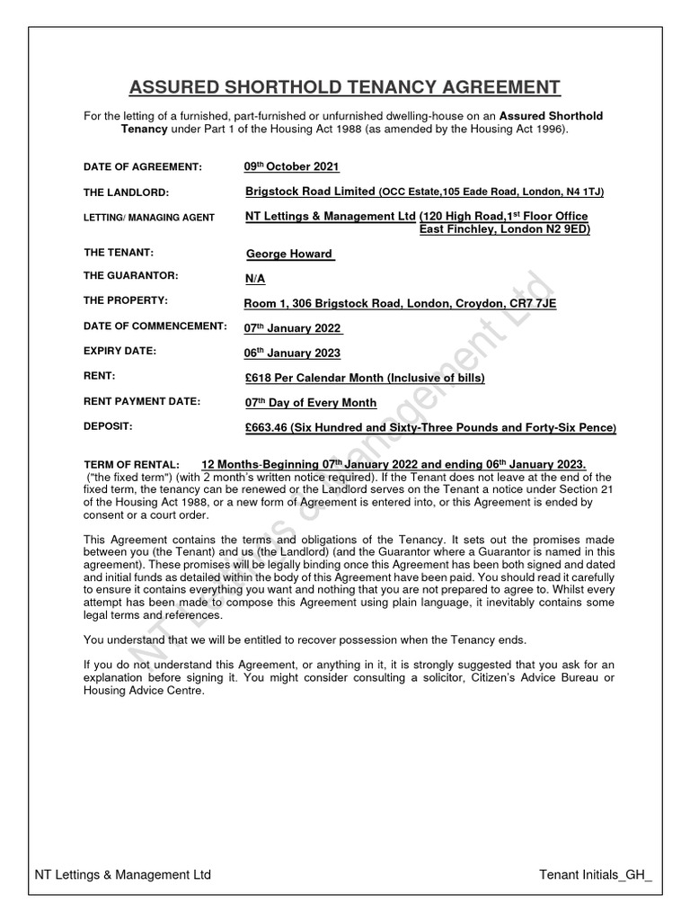 AST - G - Howard - 2022 - Signed | PDF | Leasehold Estate | Landlord