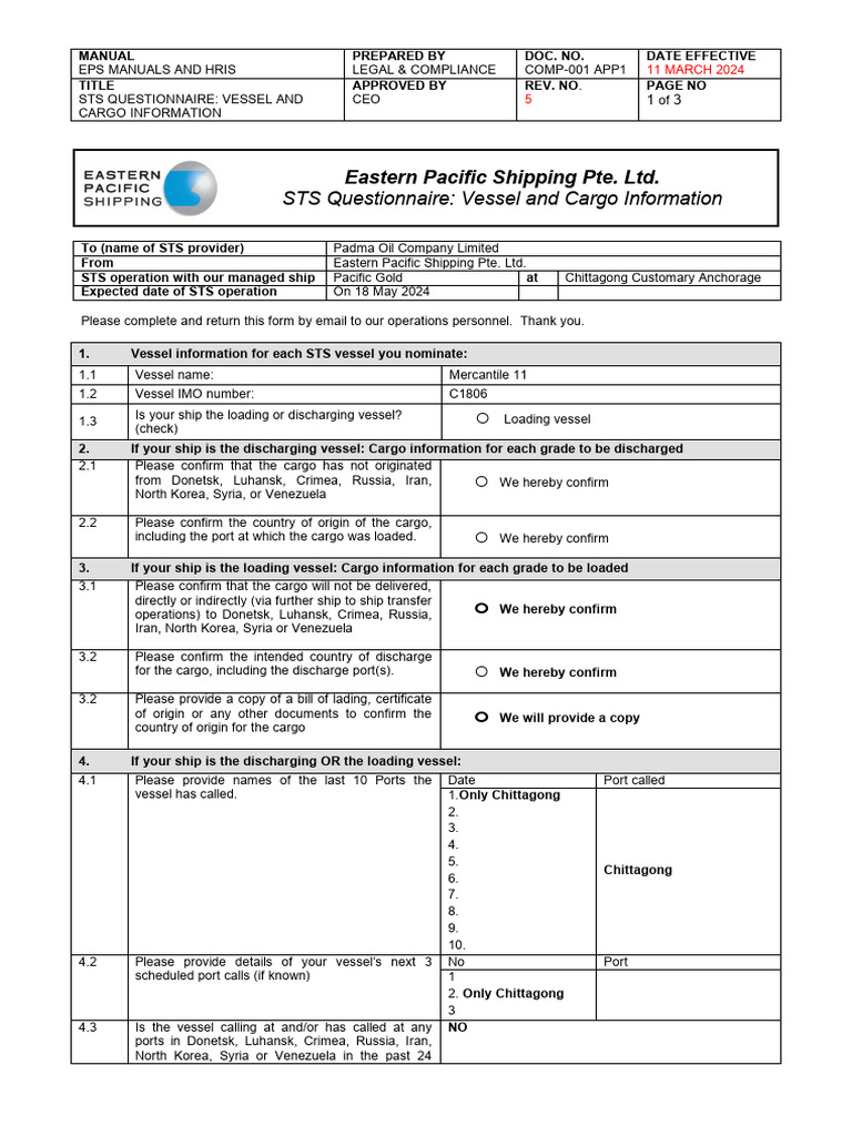 STS Questionnaire for Nordic Vessel | PDF | Transport | Water Transport