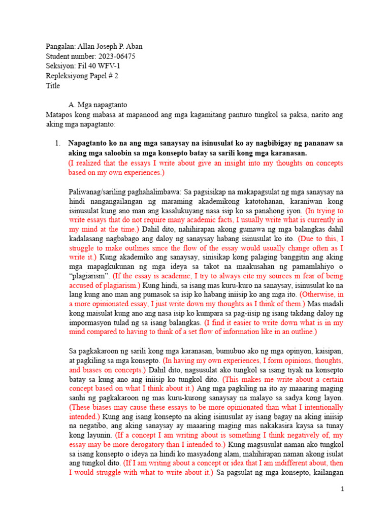 Repleksiyong Papel 2 English Version | PDF