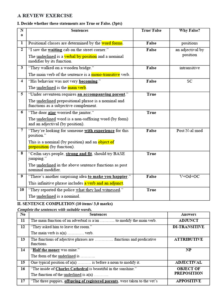 Grammar Review Exercise: True/False & Completion | PDF | Verb | Adjective