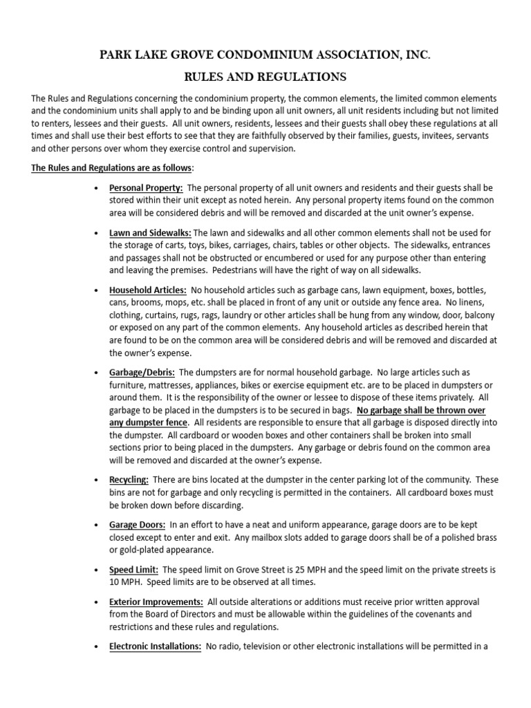 Hoa Disclosure Park Lake Grove Rules & Regulations Download Free PDF