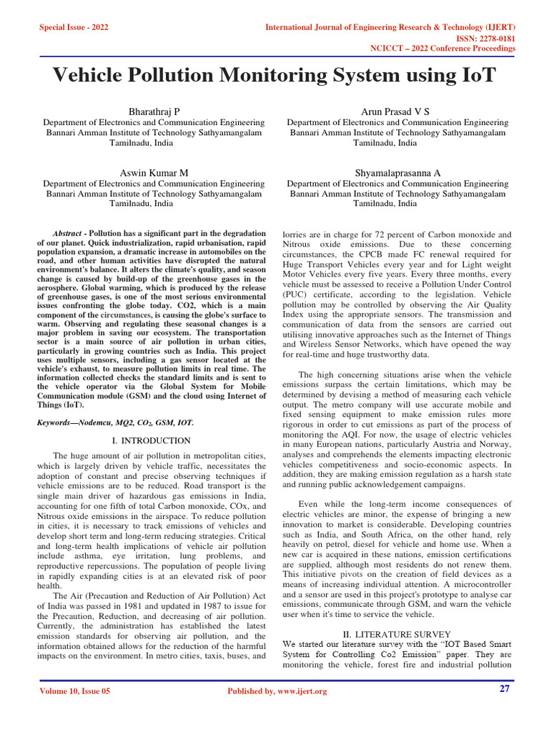 Vehicle Pollution Monitoring System Using Iot IJERTCONV10IS05006 | PDF ...