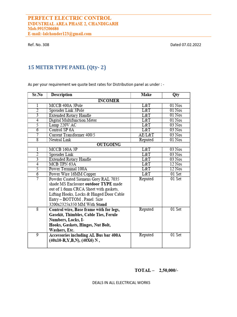 15 Meter Type Panel (Qty-2) : Perfect Electric Control | PDF | Electric ...