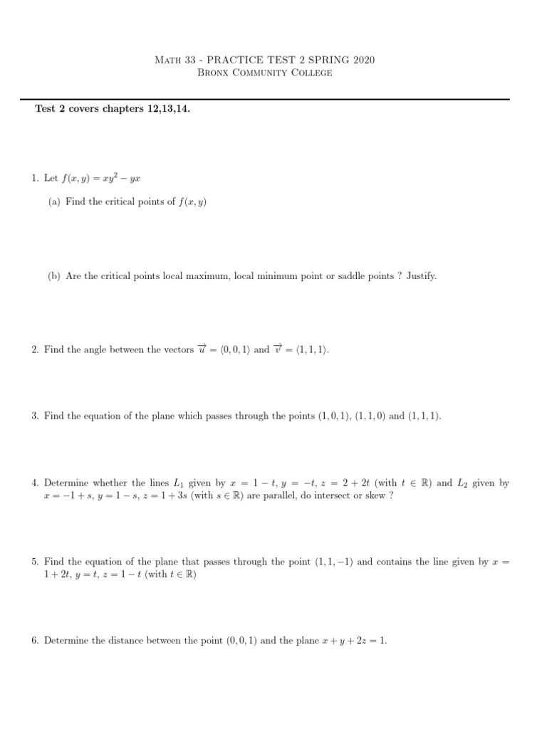 Math 33 Spring 2020 Practice Test 2 | PDF | Applied Mathematics | Space