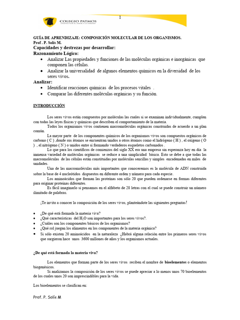 GUÃ A DE APRENDIZAJE 01 BiomolÃ© Culas y El Agua 6 | PDF | Organismos