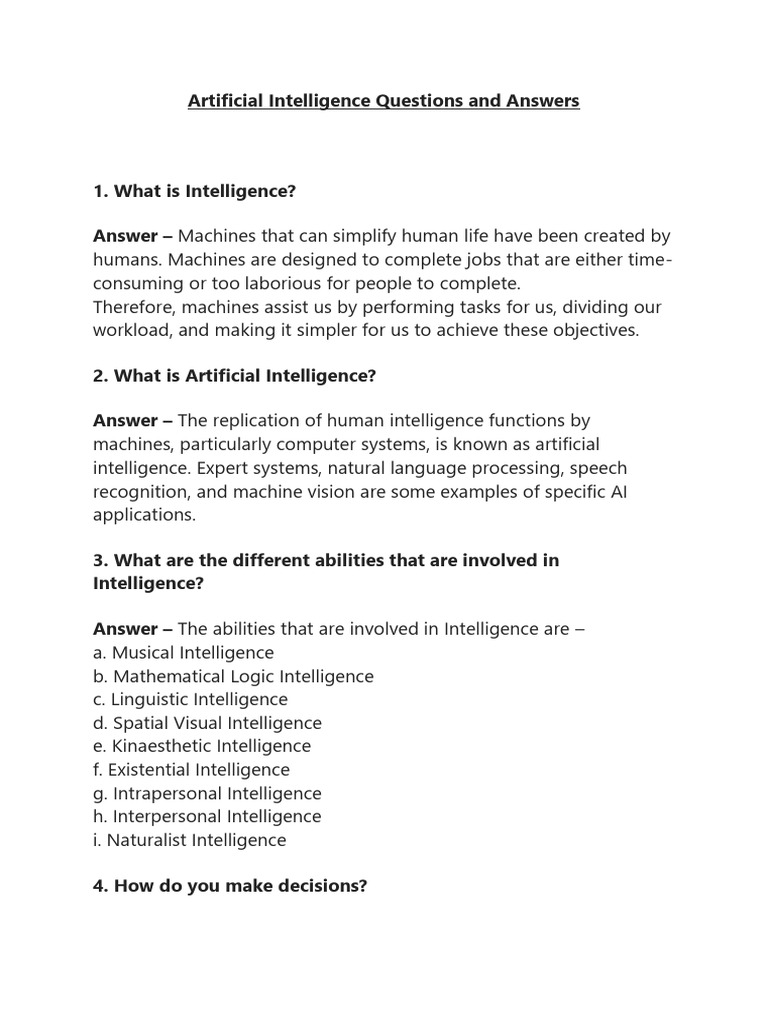 Artificial intelligence class 10 questions and answers download free
